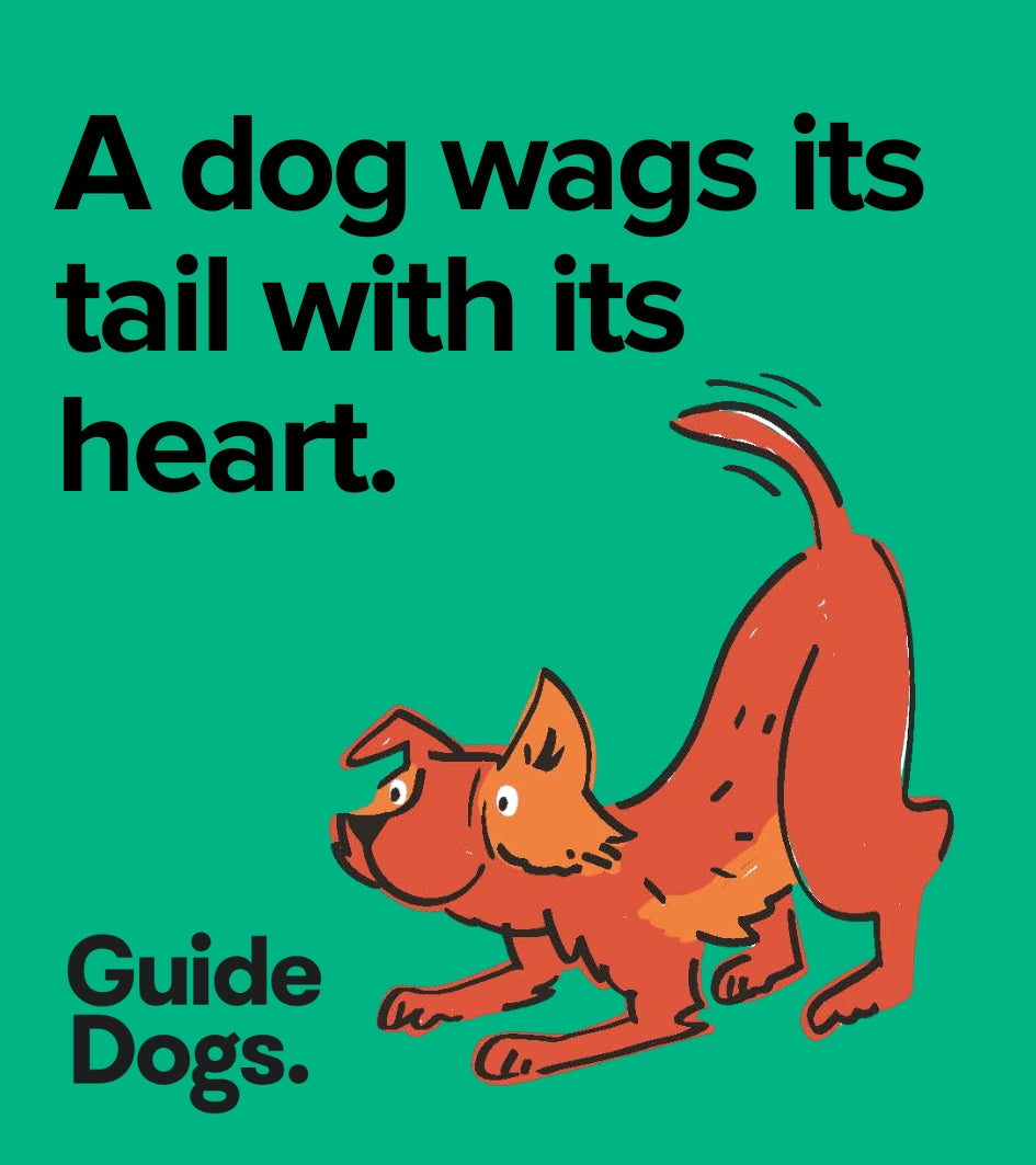 Image of a square magnet. Illustration of a happy dog with “A dog wags its tail with its heart”.