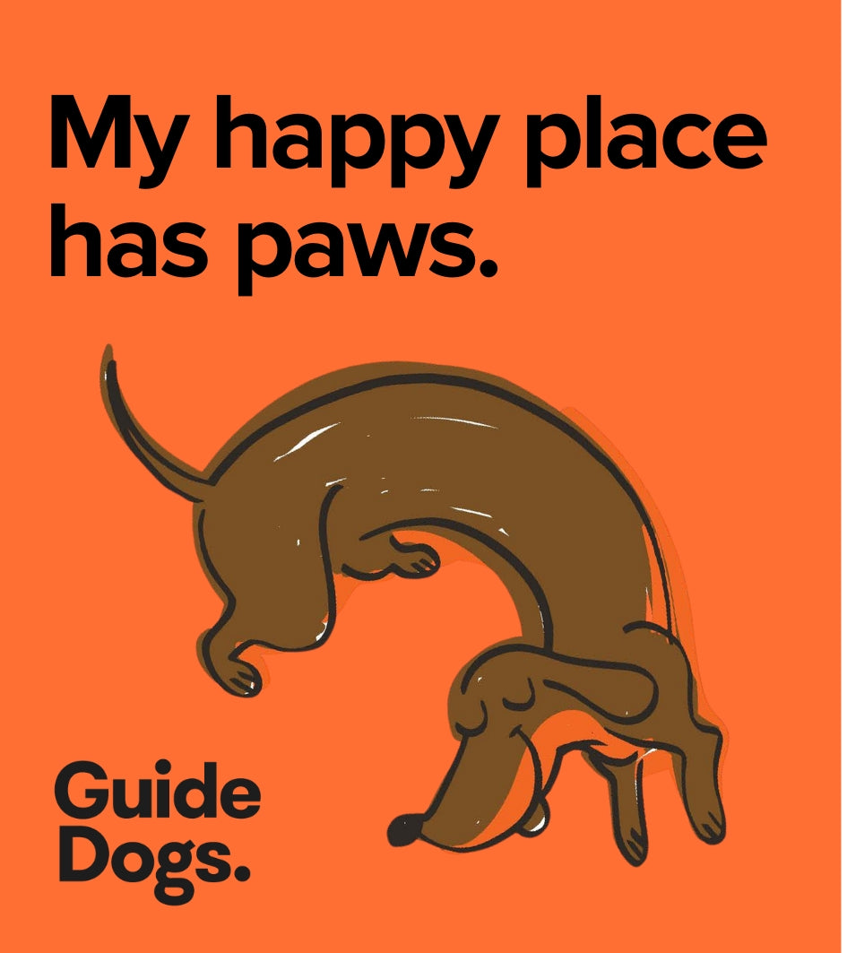 Image of a square magnet. A happy brown dachshund jumps with text of 'My happy place has paws' on orange background.