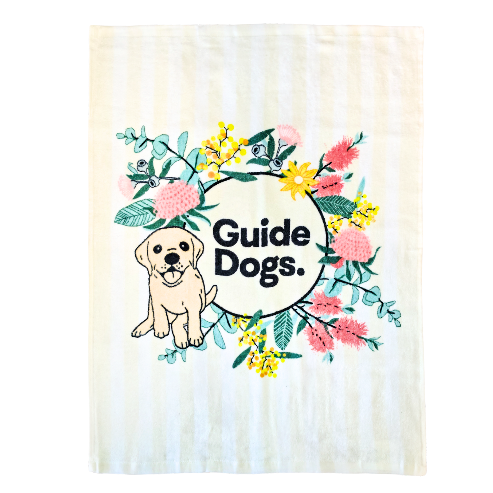 Image of a cream and white tea towel with  Guide Dogs logo and a dog illustration with floral elements on a white background.