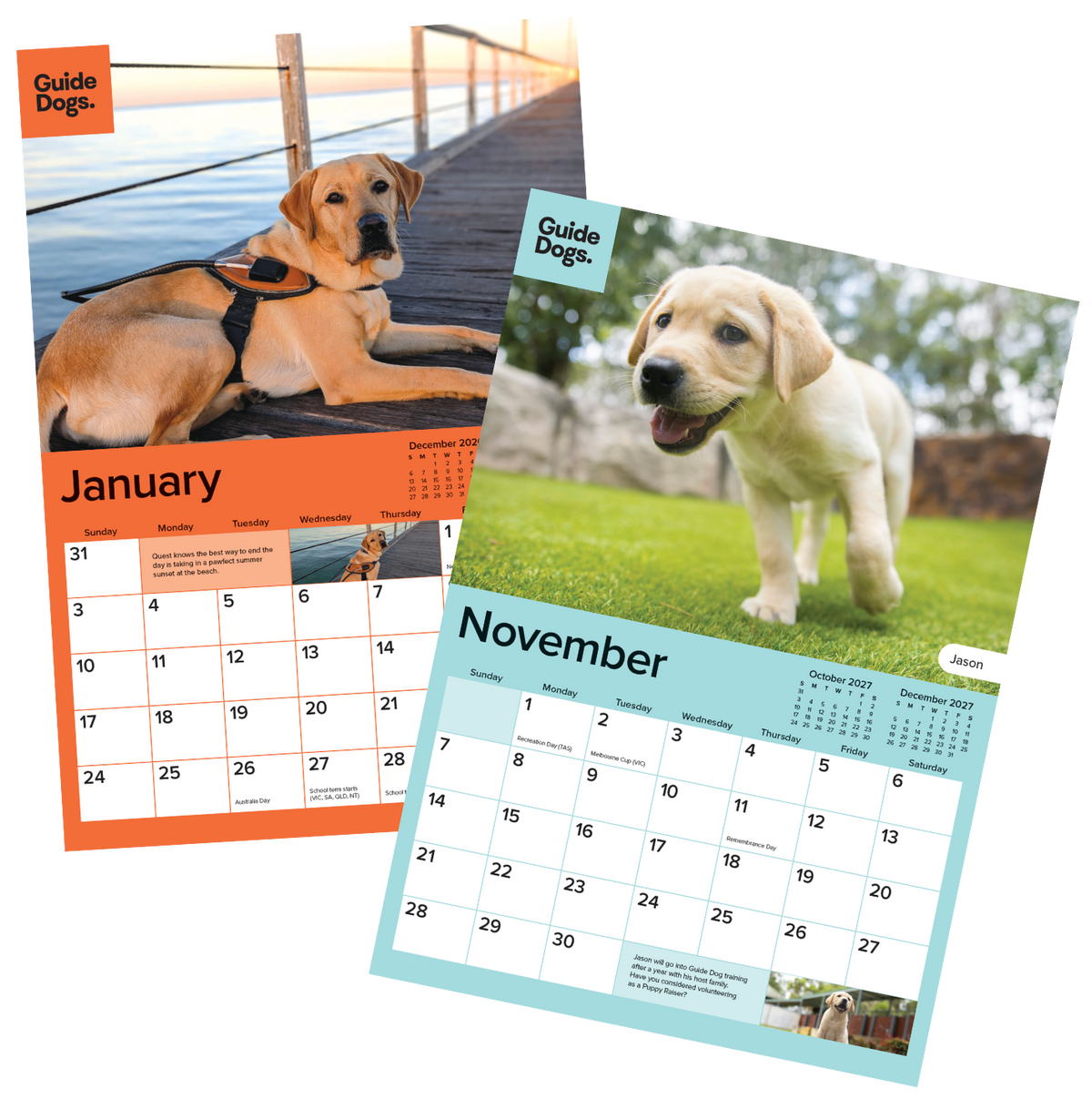 Image of two monthly calendar pages shown overlapping on a white background, each featuring a dog photo at the top and a different colored calendar grid below.