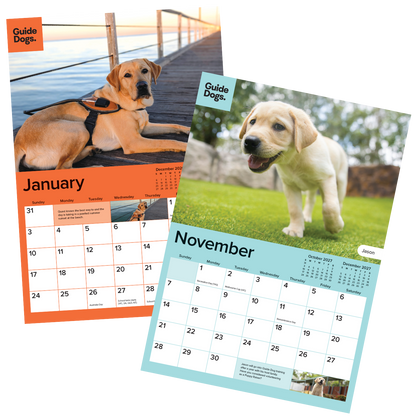 Image of two monthly calendar pages shown overlapping on a white background, each featuring a dog photo at the top and a different colored calendar grid below.