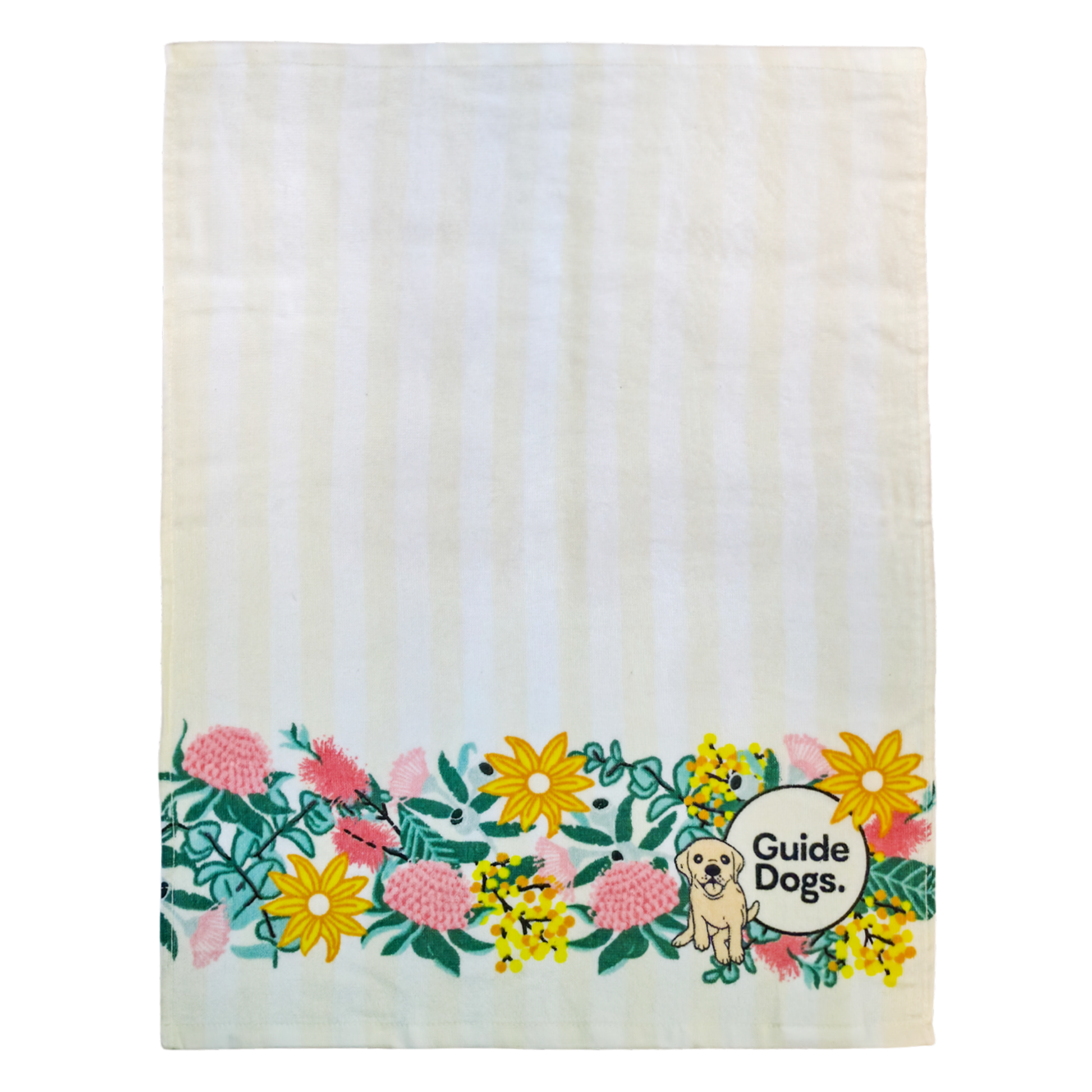 Image of a cream and white tea towel with  Guide Dogs logo and a dog illustration with floral elements on a white background.