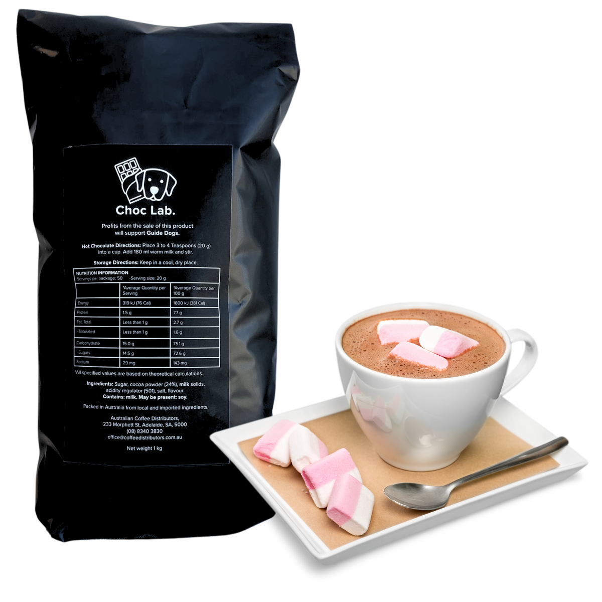 Image of a Soho Hot Chocolate bag next to a cup topped with pink and white marshmallows.