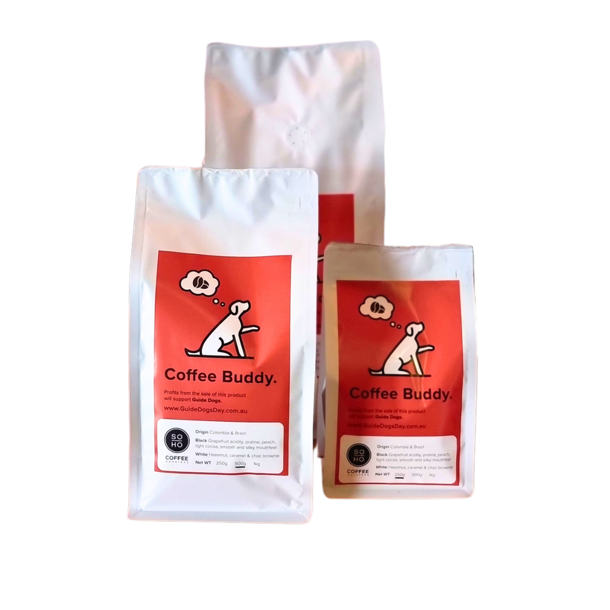 Image of three white bags of Soho Coffee with orange labels on a white background.