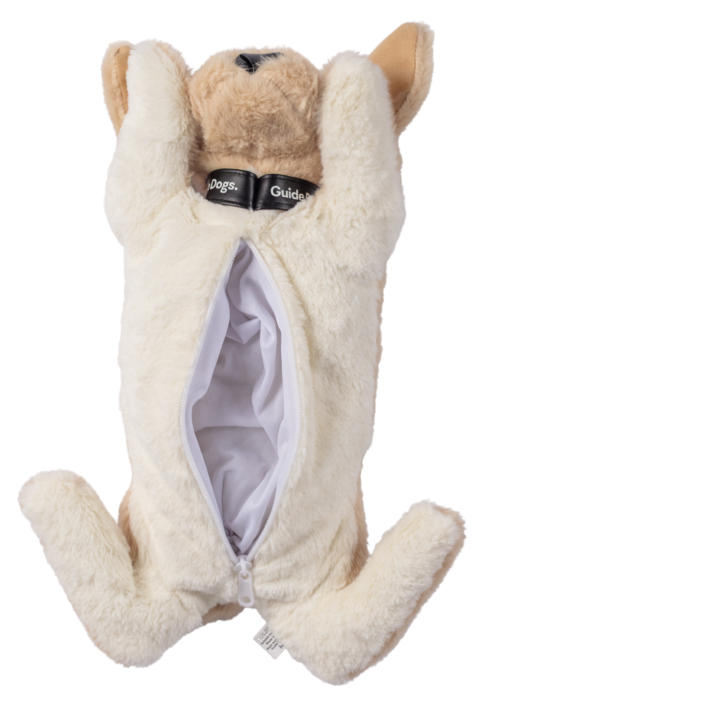 Image of PJ Puppy Plush lies on its back with a zippered pouch for pyjama storage.