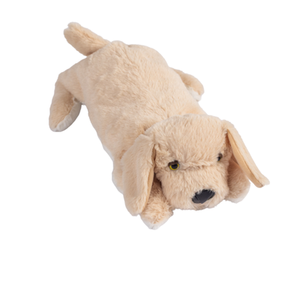 Image of the PJ Puppy Plush, a tan puppy with floppy ears and a black nose, lies on a white background.