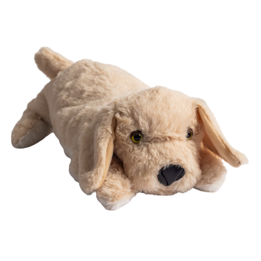 Image of PJ Puppy Plush—a light brown cuddly toy dog with floppy ears and black nose, lying down on a white background.