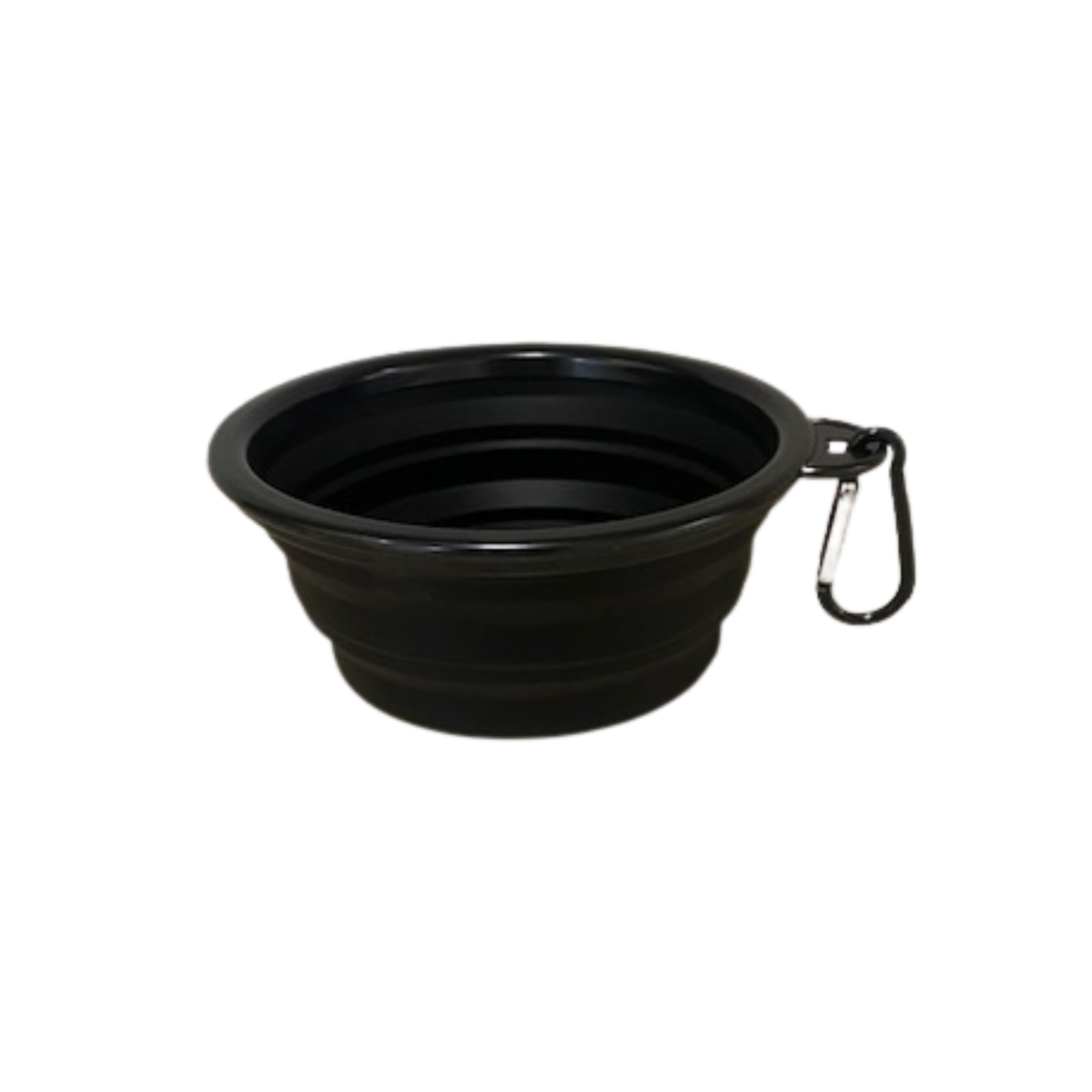 Image of a black collapsible dog bowl with a carabiner on a white background