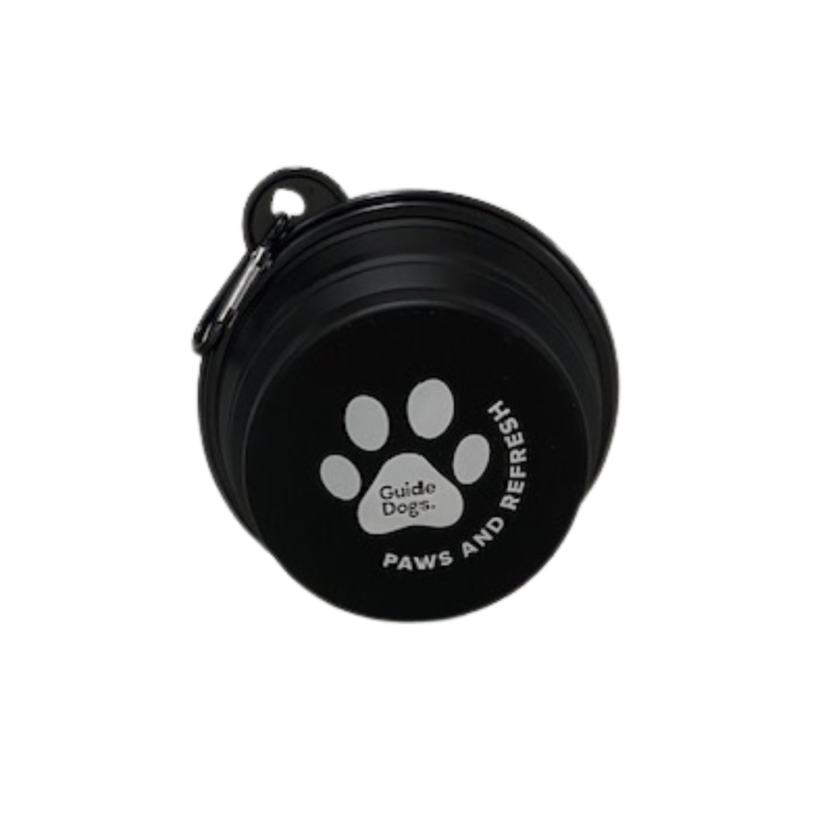 Image of a black pet water bowl with 'Guide Dogs Paws and Refresh' logo on a white background