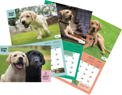 Image of a set of dog-themed 2027 calendar pages fanned out on a white background, featuring photos of yellow and black Labrador Retrievers, with monthly grids and pastel page accents.
