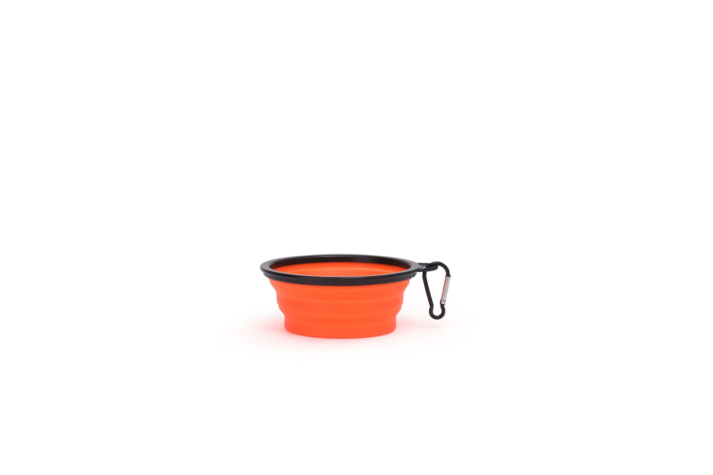 Image of Dog Bowl - Collapsible Orange with black rim and carabiner, shown on a white background.