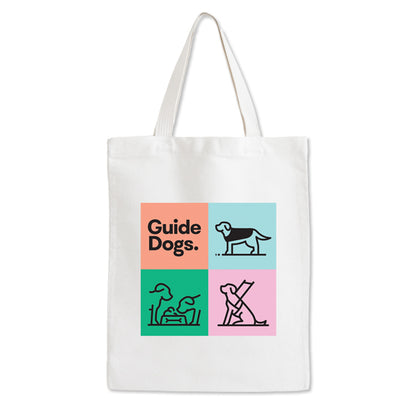 Image of  a white cotton bag with four colorful squares, dog images, and bold black Guide Dogs text.