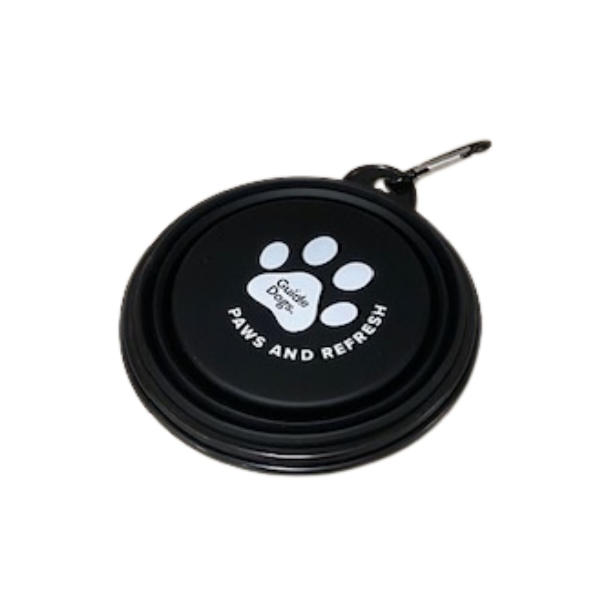 Image of collapsed black pet water bowl with 'Guide Dogs Paws and Refresh' text in white. Guide dogs logo inside white paw print.