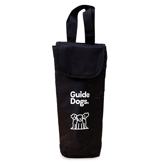 Image of a Single Wine Cooler Bag, a black fabric bag with a flap and handle, featuring "Guide Dogs" and a simple white outline of a harnessed dog on the front.