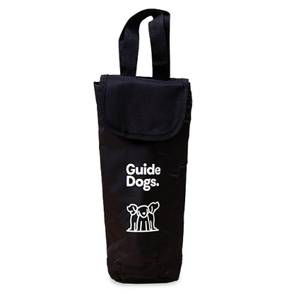 Image of a Single Wine Cooler Bag, a black fabric bag with a flap and handle, featuring "Guide Dogs" and a simple white outline of a harnessed dog on the front.