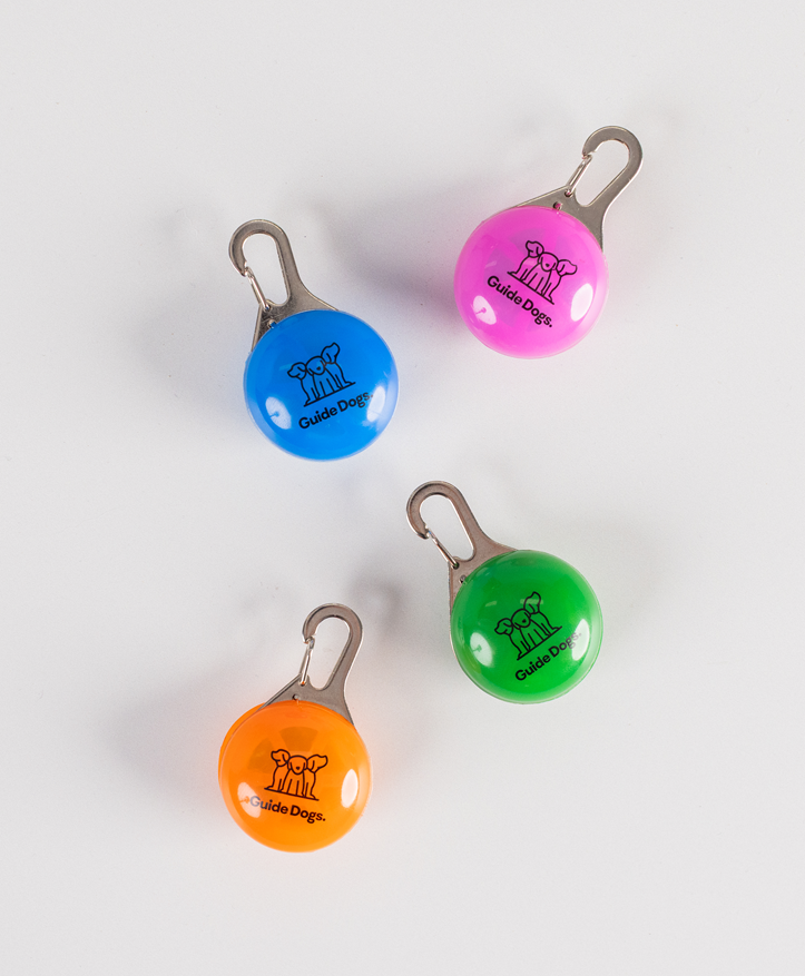 Image of a set of 4 round lights in orange, green, blue, and pink with an outline image of 3 dogs and the text of 'Guide Dogs'.
