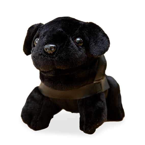 Image of a black Mini Plush Dog with shiny eyes and brown harness sits facing forward on a white background.