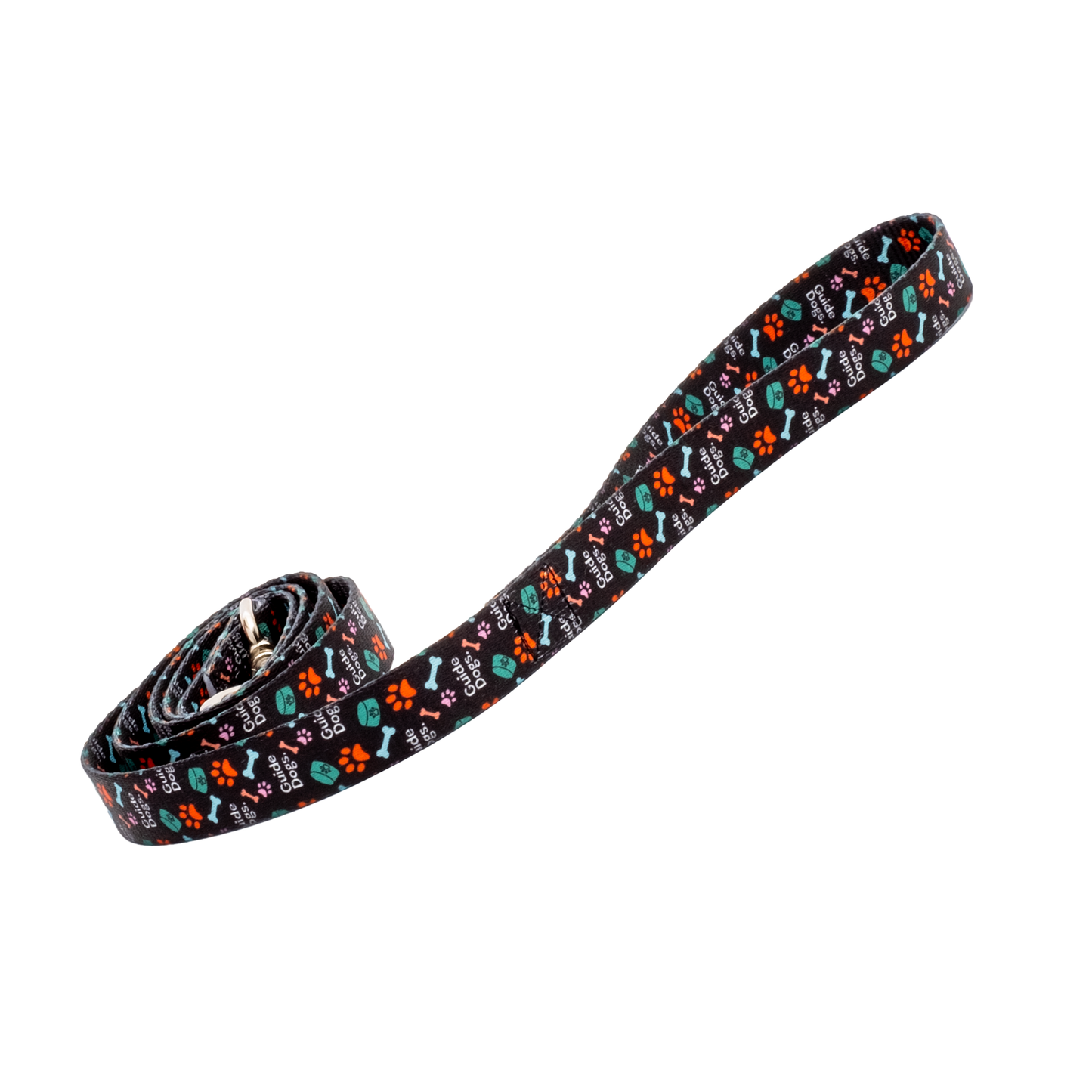 Image of dog leash with colorful bone and paw pattern on a black background