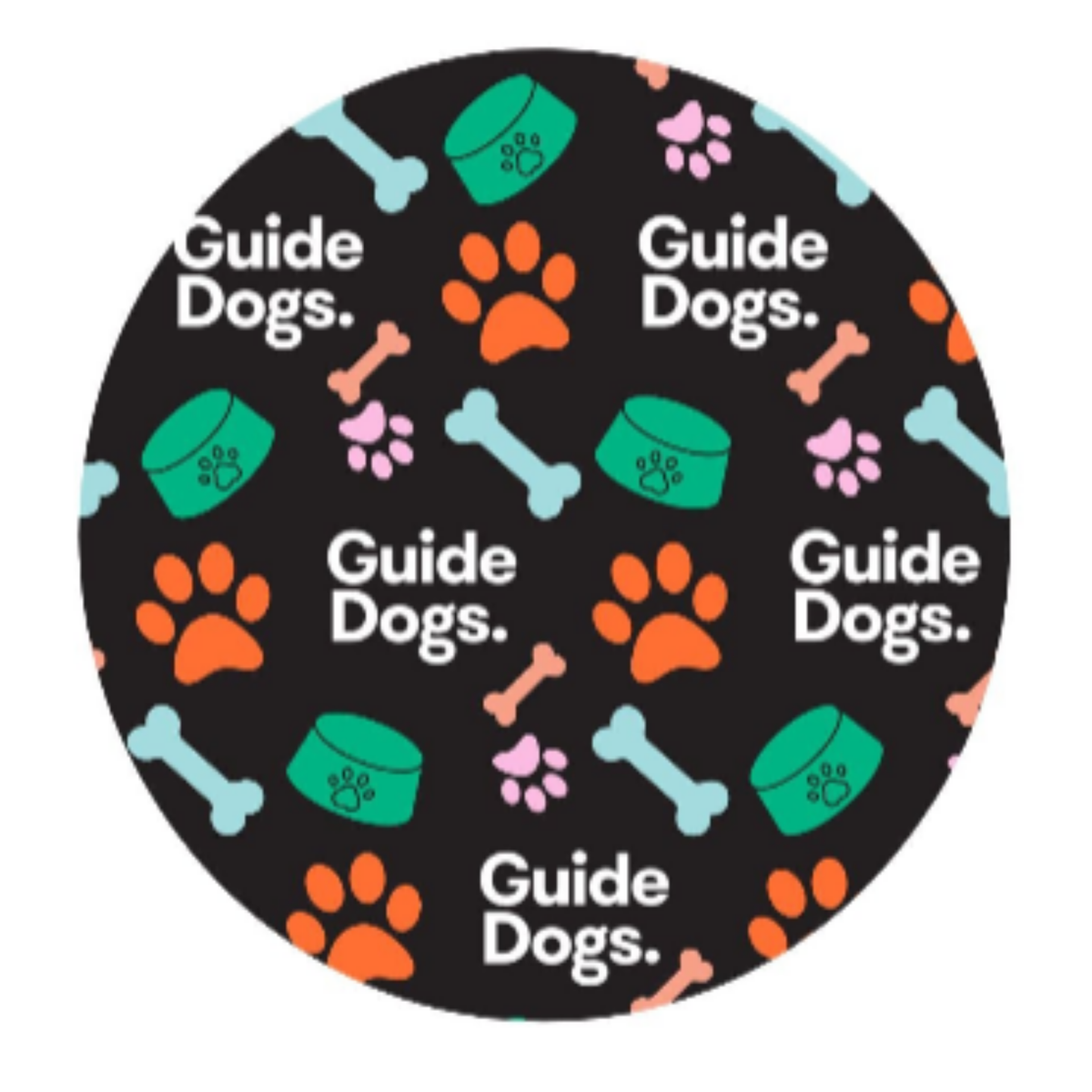 Round image with 'Guide Dogs' text and colorful paw prints, bones, and bowls on a black background