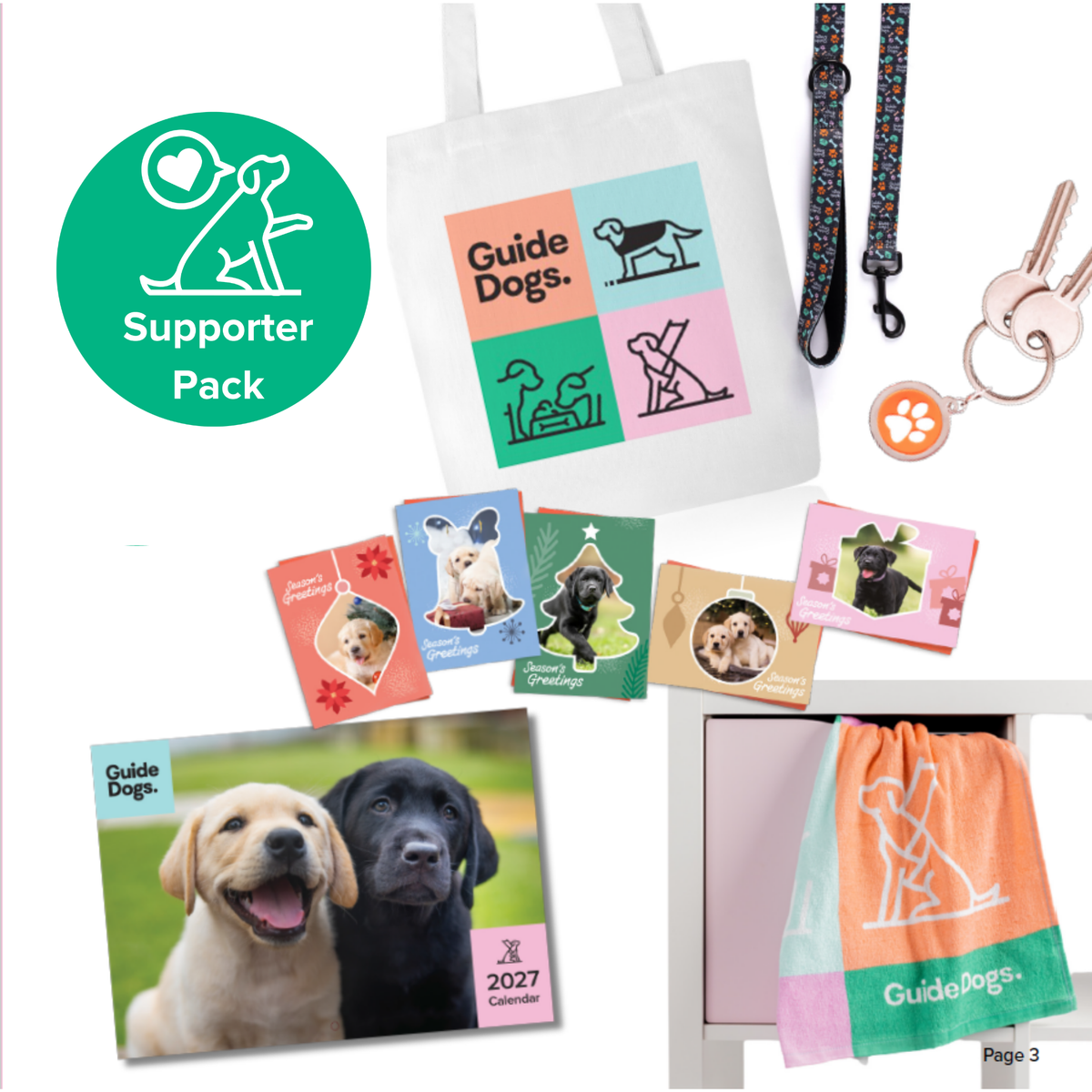 Image of Guide Dogs Supporter Pack bundle featuring a white tote bag with a colorful logo, a black dog leash, an orange paw print charm, a 2027 calendar, a tea towel, and five dog-themed Christmas cards, arranged on a white background with a green 'Supporter Pack' badge.