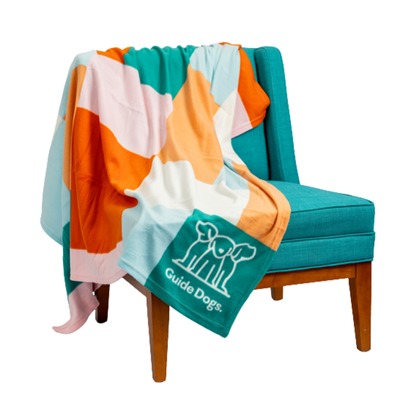 Image of a colorful blanket draped over a teal chair with a visible 'Guide Dogs' logo.