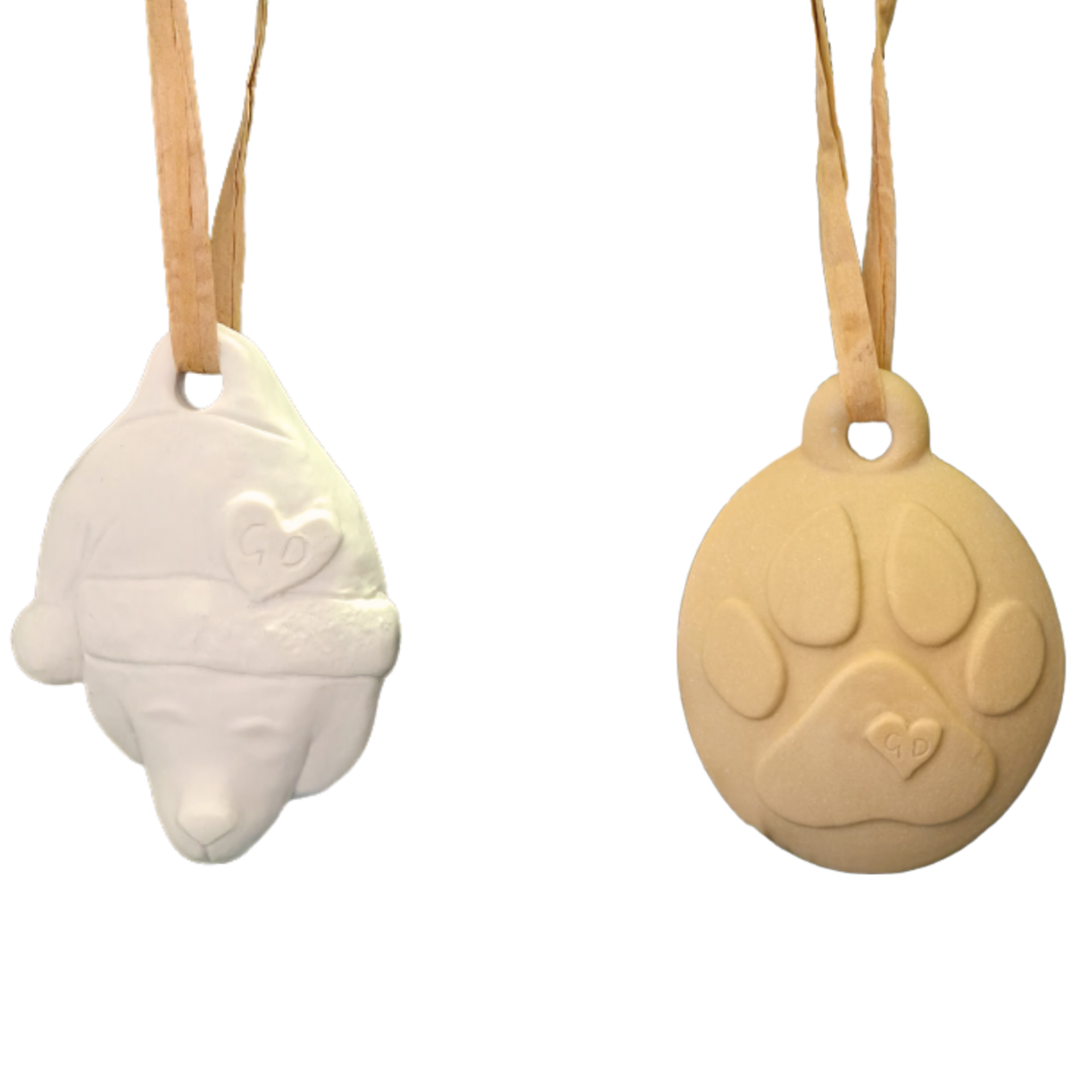 Image of Christmas Ornaments: Bear in Santa hat & paw print, both with hearts and ribbon loops.