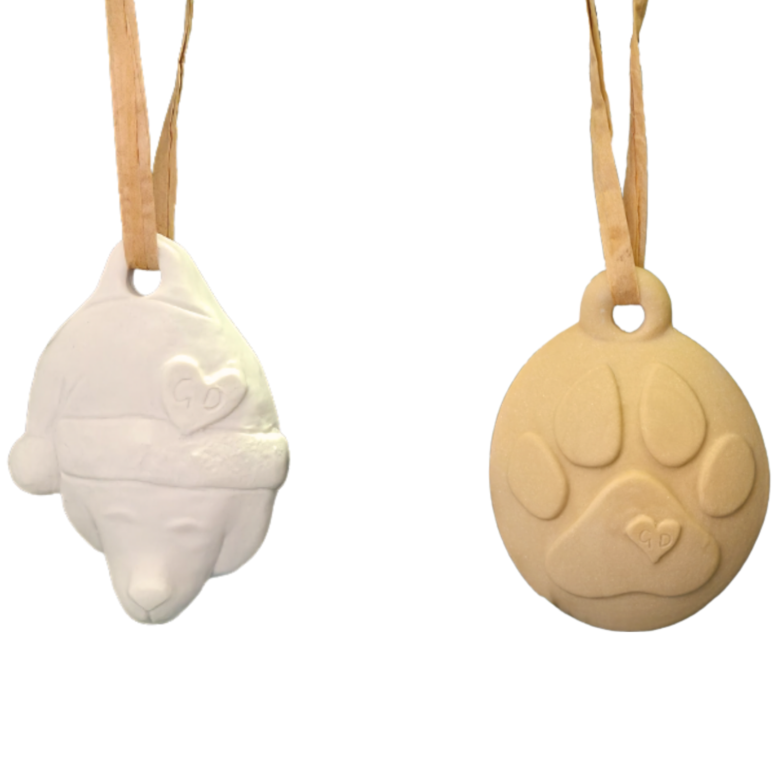 Image of Christmas Ornaments: Bear in Santa hat & paw print, both with hearts and ribbon loops.