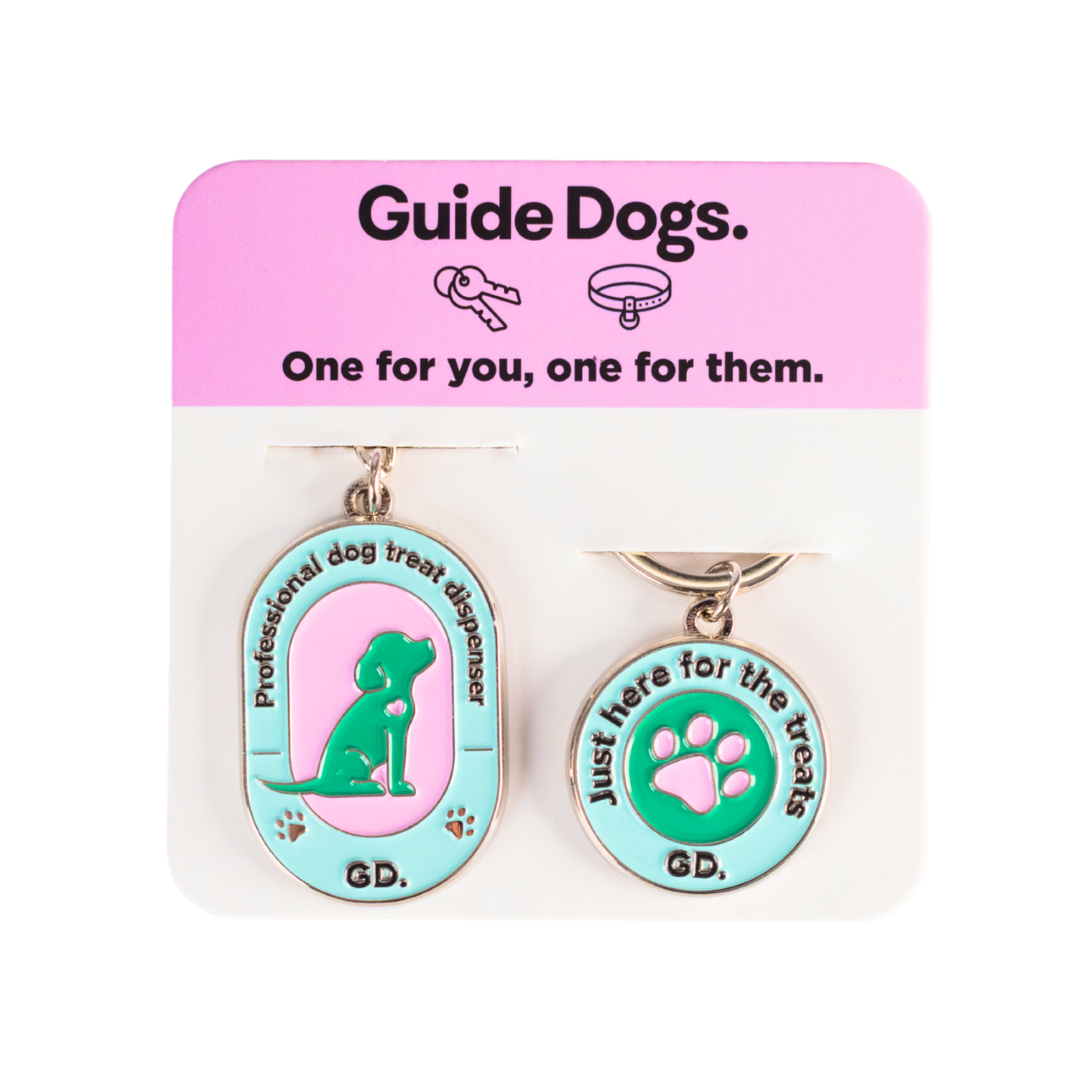 Two dog-themed keychains on a Guide Dogs packaging with pink and white background.