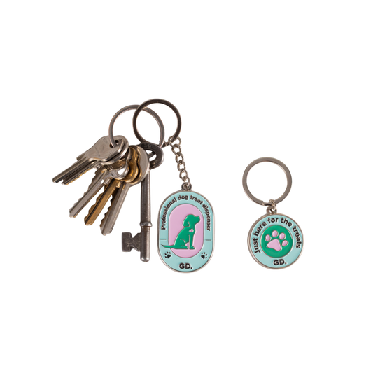 Keychain with dog-themed charms and keys on a white background