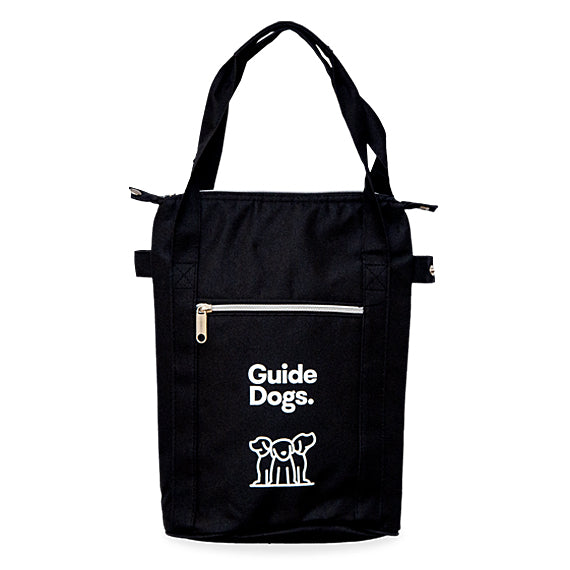 Image of the Wine Cooler Bags, a black tote with two handles, top zipper, zippered front pocket, and “Guide Dogs” text plus a white graphic of two dogs.e cooler for outings.