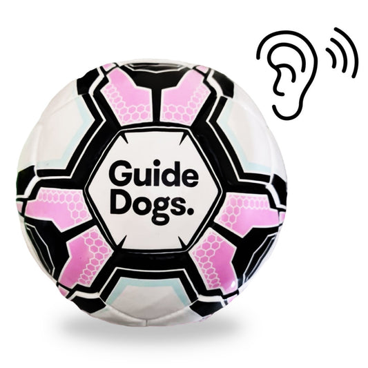 Image of a pink, black and white Soccer Ball with the text "Guide Dogs" and an illustration of an ear.