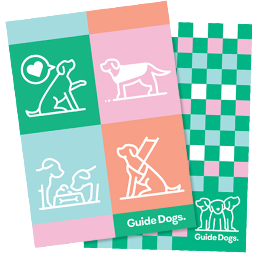 Image of Puppy Icons Tea Towels (2 pack) with dog illustrations and a green, pink, and blue checkered pattern.