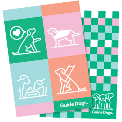 Image of Puppy Icons Tea Towels (2 pack) with dog illustrations and a green, pink, and blue checkered pattern.